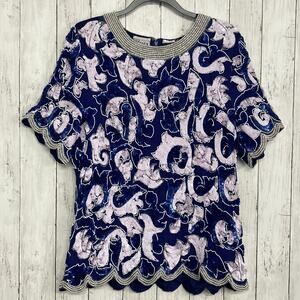 Vintage Stenay 100% Silk Beaded Top Blue Size 1X Plus Size Retro Boho Blouse